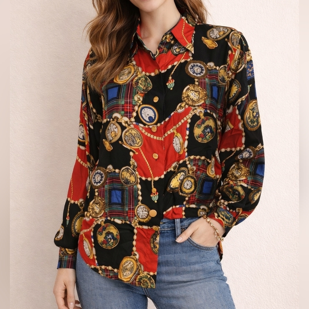 JERRI SHERMAN 1980s Silk Colorful Patchwork Baroque Holiday Button Down Shirt